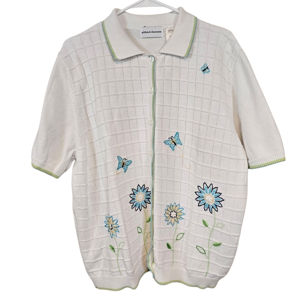 Alfred Dunner Butterfly Knit Button Down Short Sleeve Sweater Top Embroidered